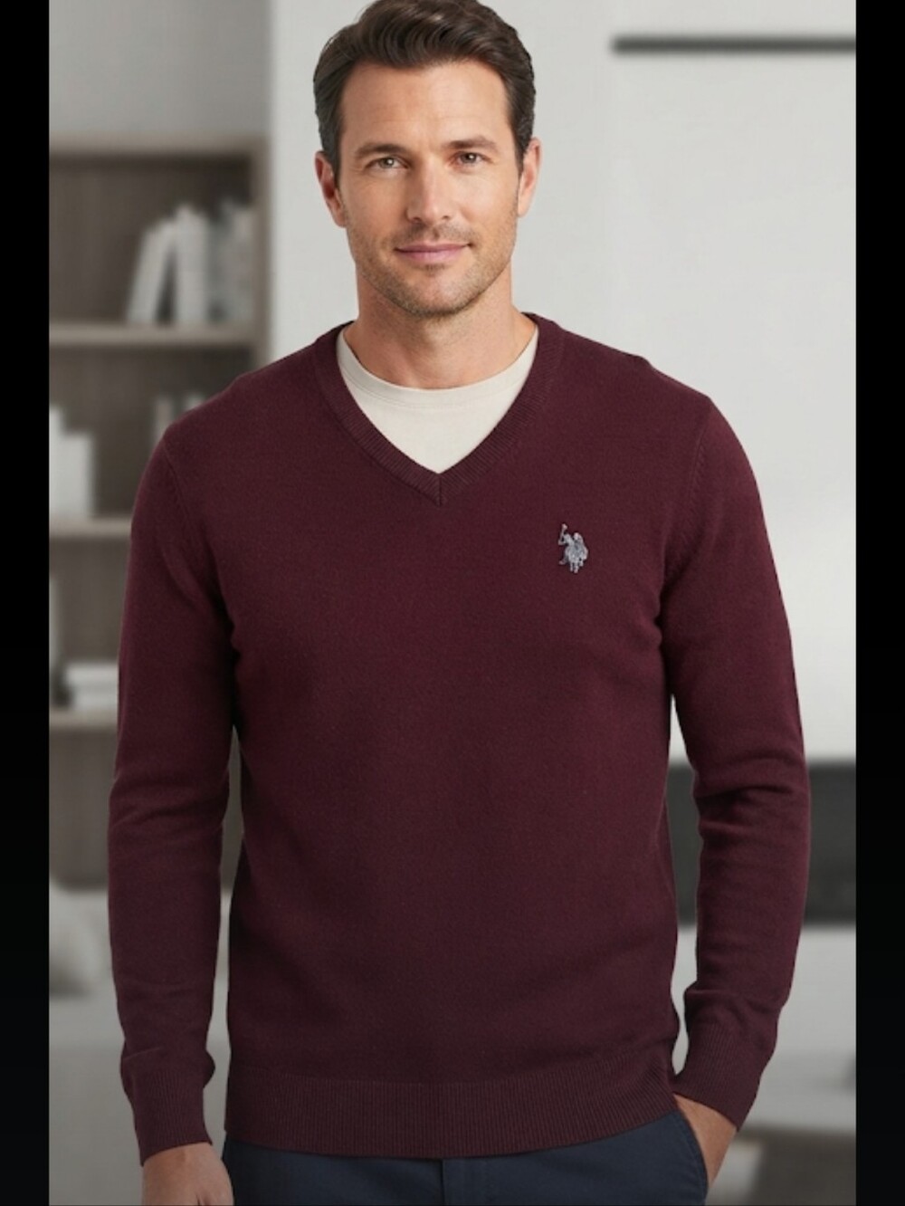 US Polo Assn Men's V-Neck Sweater - Burgundy/Wine